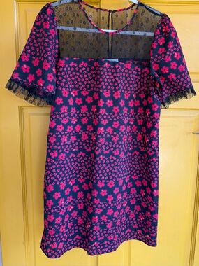 BCBGeneration black Dress with Red Floral Print and Black Sheer Yoke